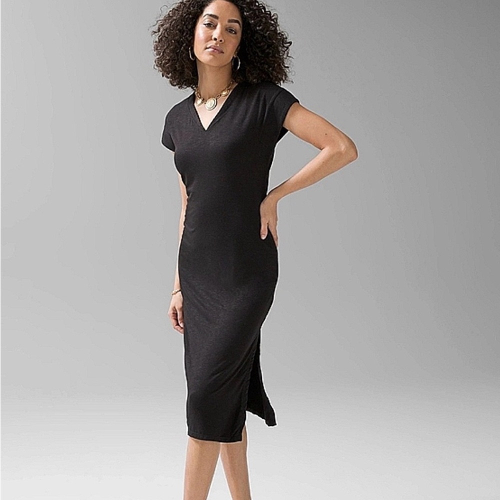 WHBM V Neck Cap Sleeve Slub Slit Midi Dress Black XXS